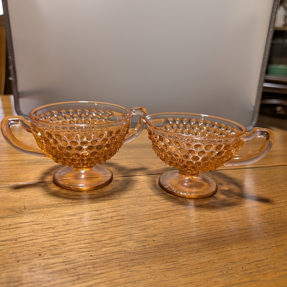 Vintage Hobnail Glass Creamer and Sugar - Peach/Topaz
